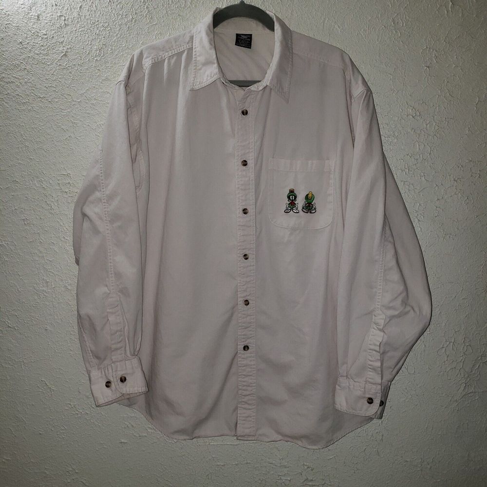 Vtg Warner Bros Casual Button Down Marvin the Martian Off-White Shirt Mens Sz L